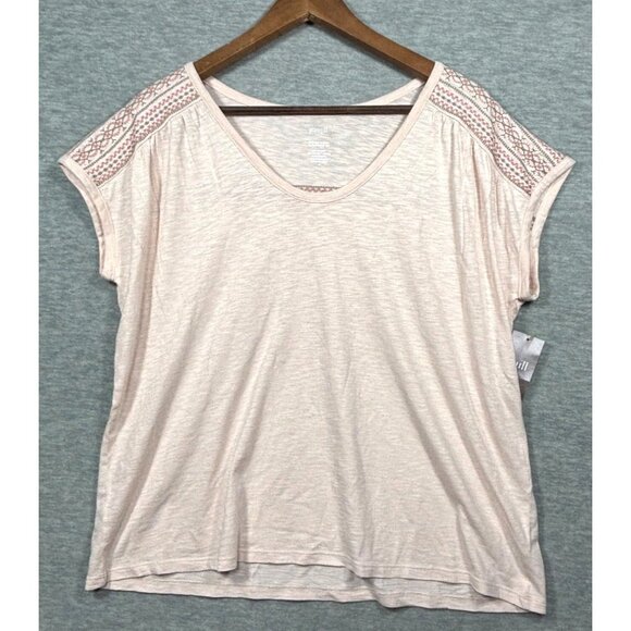 Pure J Jill Banded Embroidered Tee M Pink V-Neck Boho Casual - Picture 1 of 5